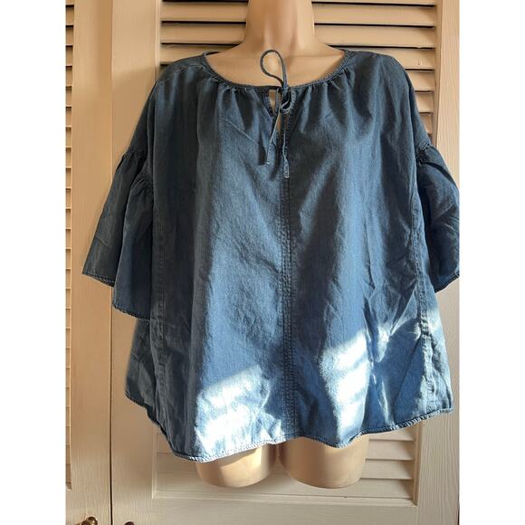Levi's chambray‎ ruffle sleeved peasant tie neck blouse L Blue retro boho whimsy - Picture 1 of 6